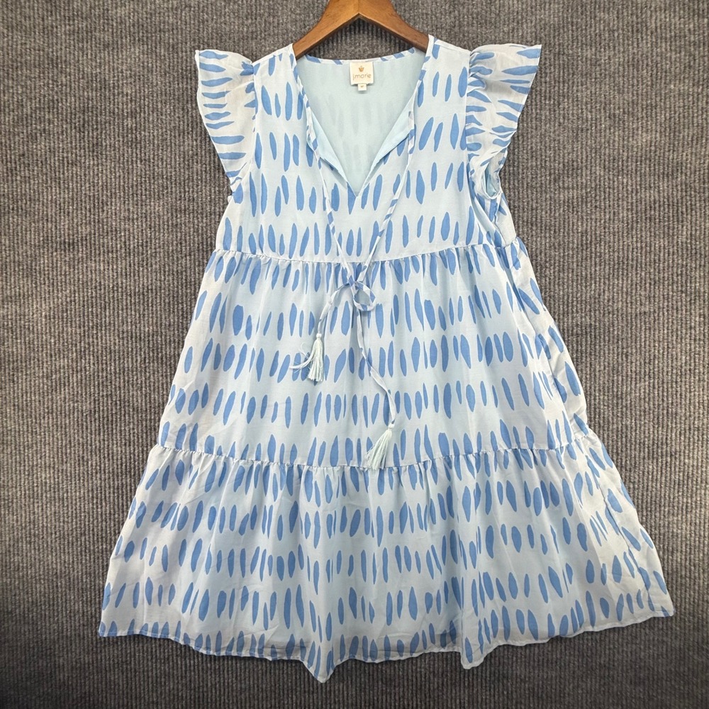 J.Marie Tiered Mini Dress Womens Size M Blue White Ruffle Sleeve Tassel